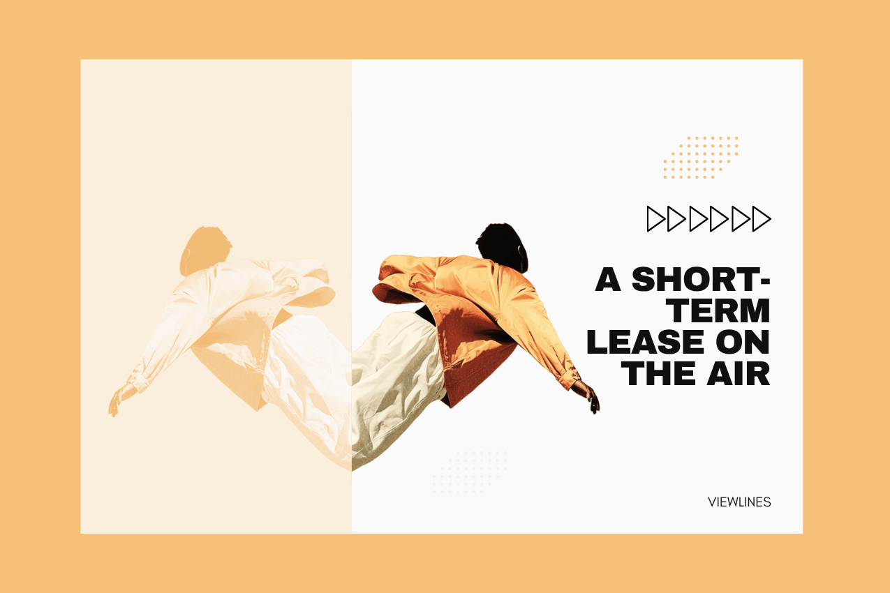 Cover image featuring a figure suspended in mid-air on a cream background, mirrored by a transparent form overlapping into a white title panel. Title: "A SHORT-TERM LEASE ON THE AIR." Part of the Viewlines series at The Subtext Review.