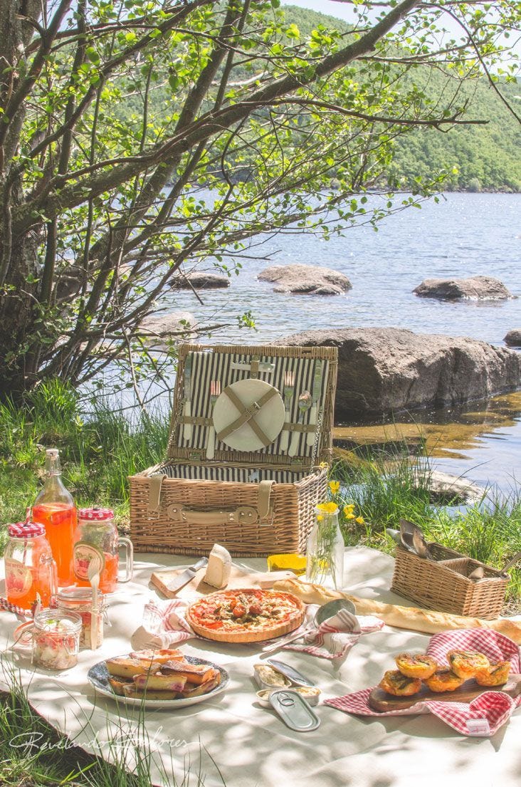 A scenic lakeside picnic with food and drinks spread on a blanket, featuring a wicker basket near rocks and water.