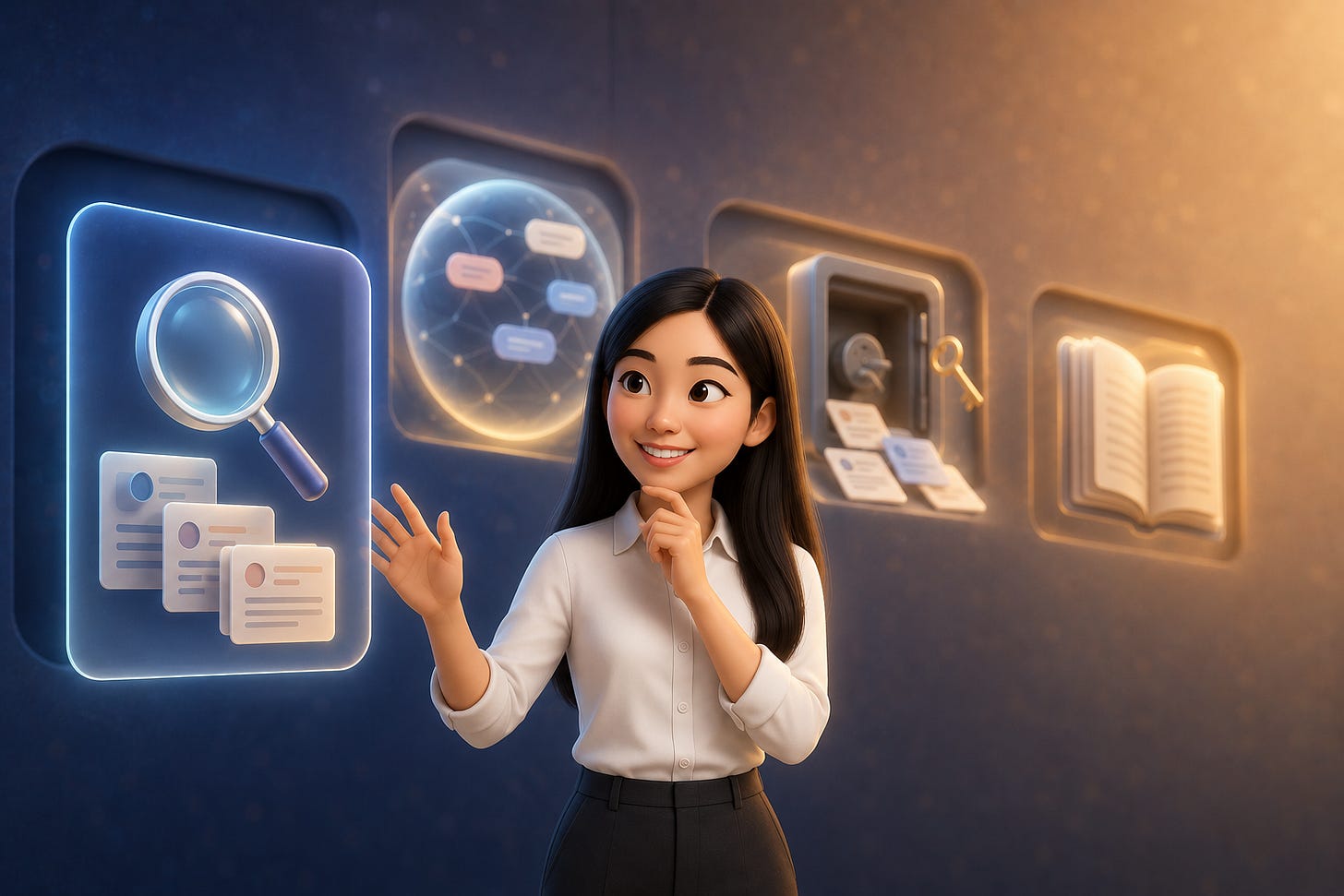 Pixar-style 3D illustration of Jenny Ouyang from Build to Launch weighing four glowing panels — a magnifying glass over thread cards, a translucent orb linking word-bubbles, a vault door with a key, and an open book unfurling into clean lines — representing four research MCPs that each own a different job.