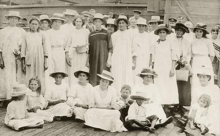 Residents of the Pitcairn Islands on a British naval ship, 1916. They are all descendants of the survivors from the Mutiny on the Bounty.