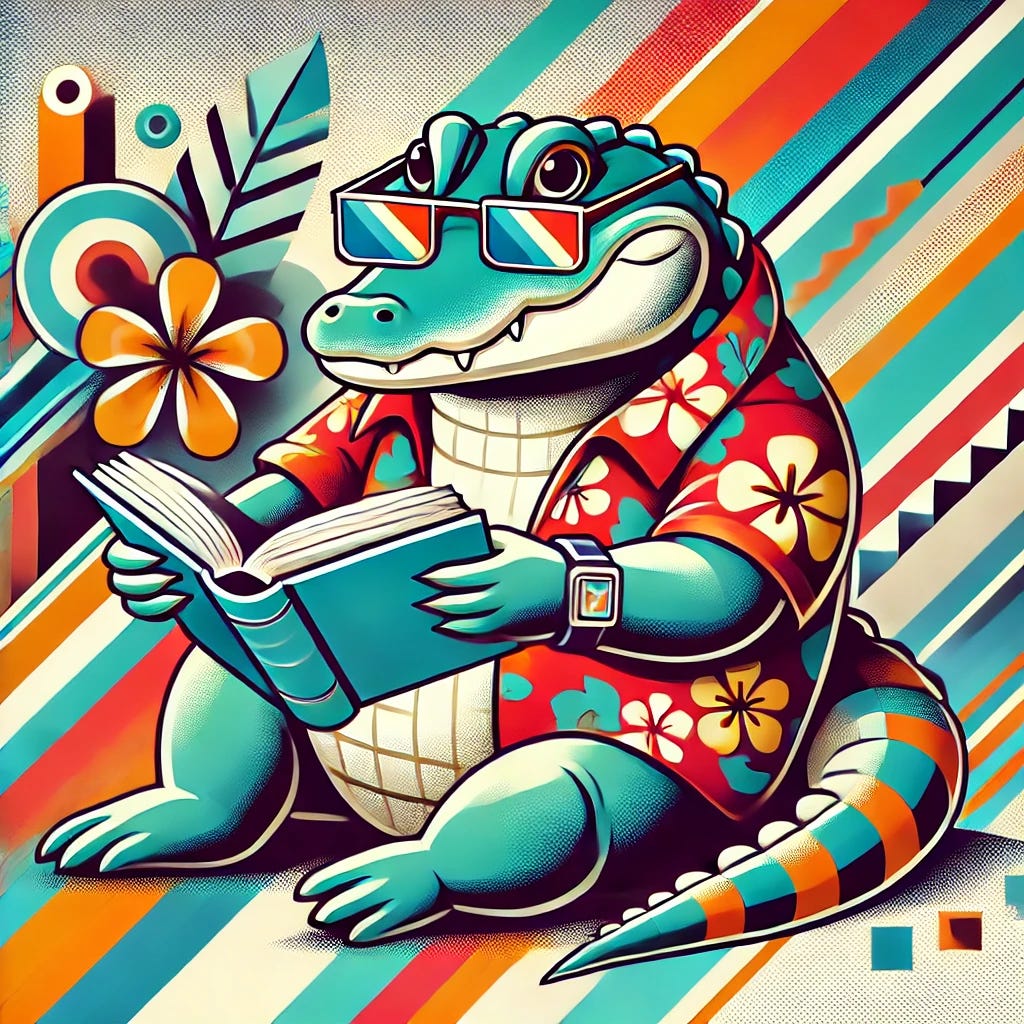 A cute alligator wearing a colorful Hawaiian shirt, sitting comfortably and reading a book, depicted in an Italian Futurist art style. The alligator has a friendly expression with big, round eyes and a slight smile. The background features abstract, dynamic shapes and bold, vibrant colors, giving a sense of movement and energy. Elements of speed, technology, and modernity are integrated into the scene, with geometric patterns and futuristic details.