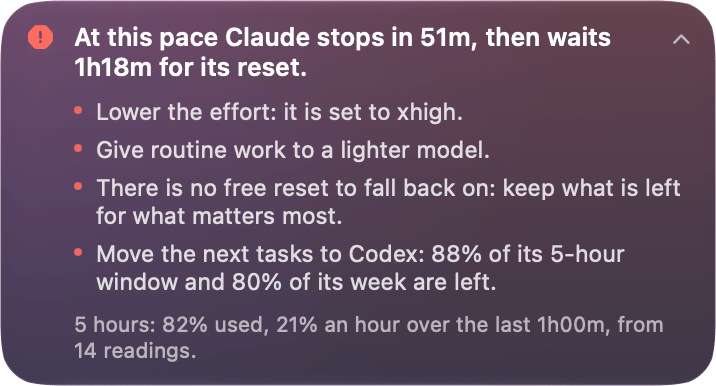 A Lancetta suggestion: At this pace Claude stops in 51m, then waits 1h18m for its reset. Four remedies underneath — lower the effort, which is set to xhigh; give routine work to a lighter model; there is no free reset to fall back on, so keep what is left for what matters most; move the next tasks to Codex, which has 88% of its 5-hour window and 80% of its week left — and at the foot the evidence: 5 hours, 82% used, 21% an hour over the last hour, from 14 readings