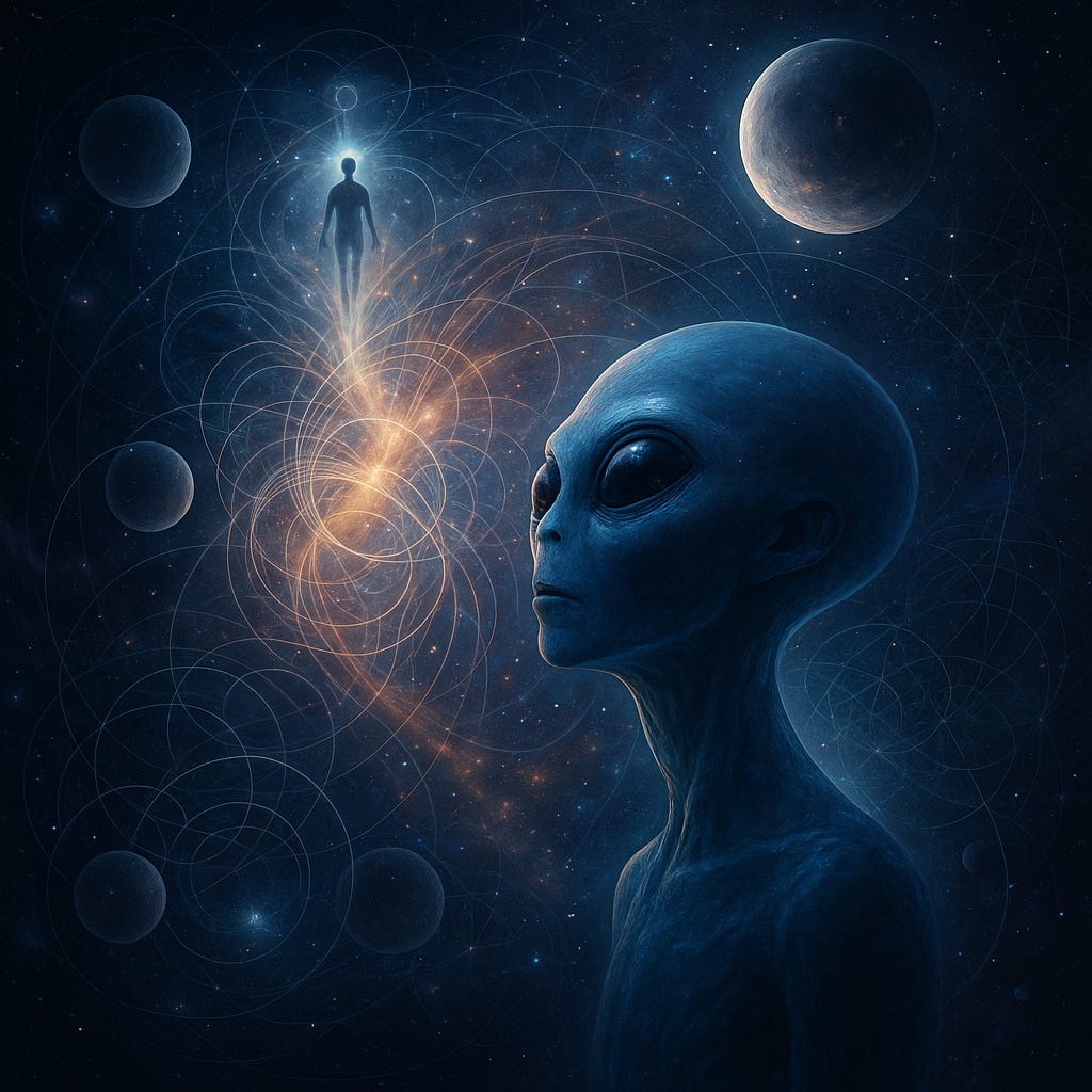A cosmic, ethereal depiction of an alien being gazing at a human figure emerging from glowing energy threads in space, symbolising interdimensional connection and consciousness beyond Earth.
