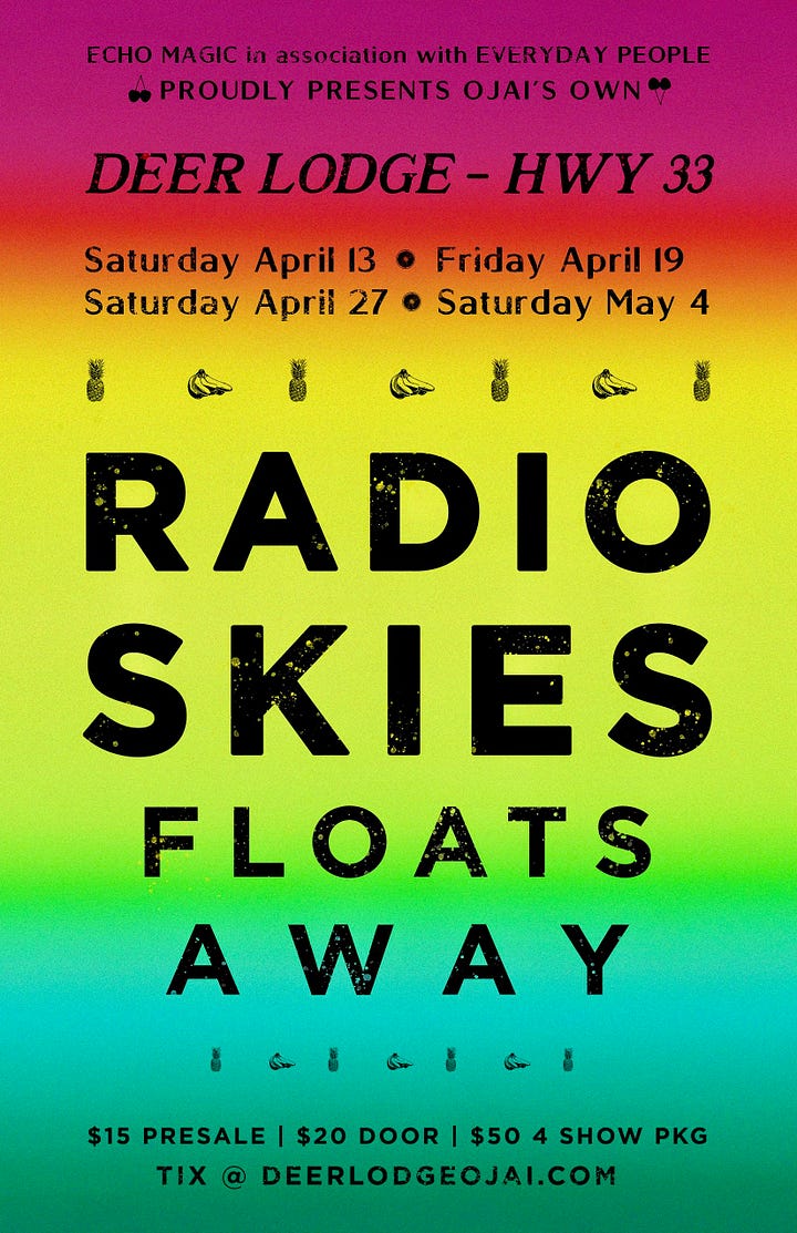 Album artwork for Radio Skies Floats Away and a poster for 4 upcoming shows.