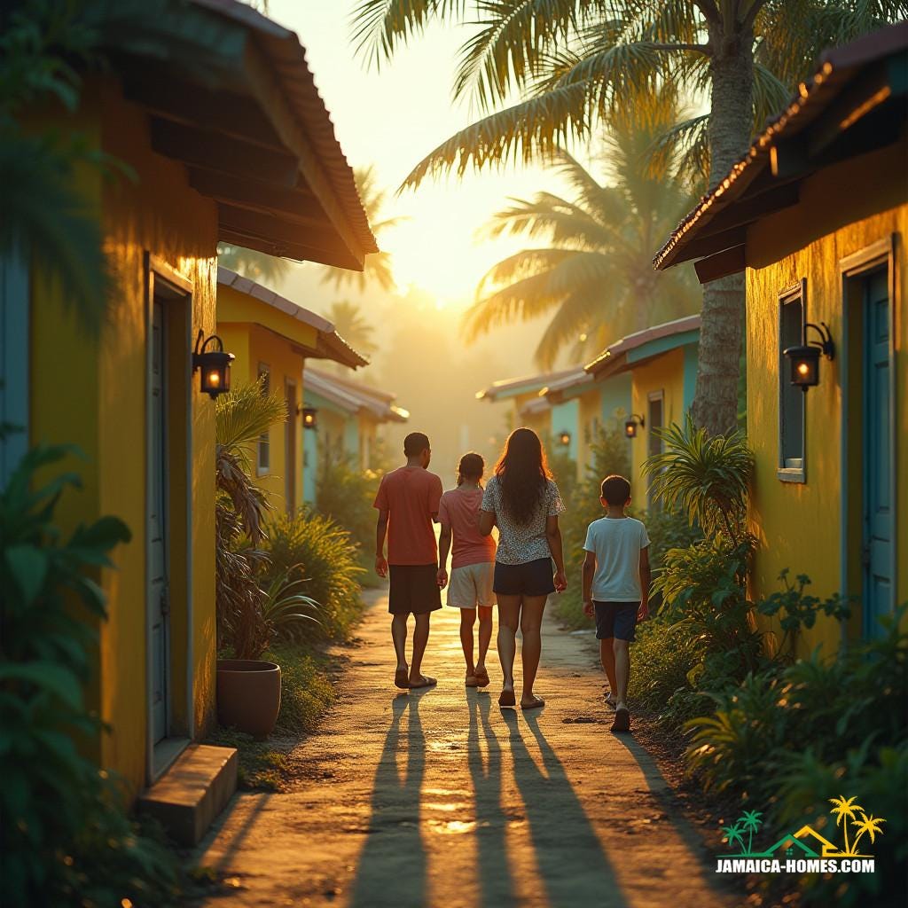 Cohousing community in Kingston, Jamaica, Caribbean, with lush tropical greenery and vibrant island architecture, warm sunlight casting a golden glow on the surroundings. Residents of all ages mingle and interact, creating a sense of warmth and community, as if frozen in a moment of tender connection. The scene is captured in a cinematic film still, reminiscent of the works of Terrence Malick, with the warmth and intimacy of a Gordon Willis cinematography, and the vibrant color palette of a Wong Kar-wai film.