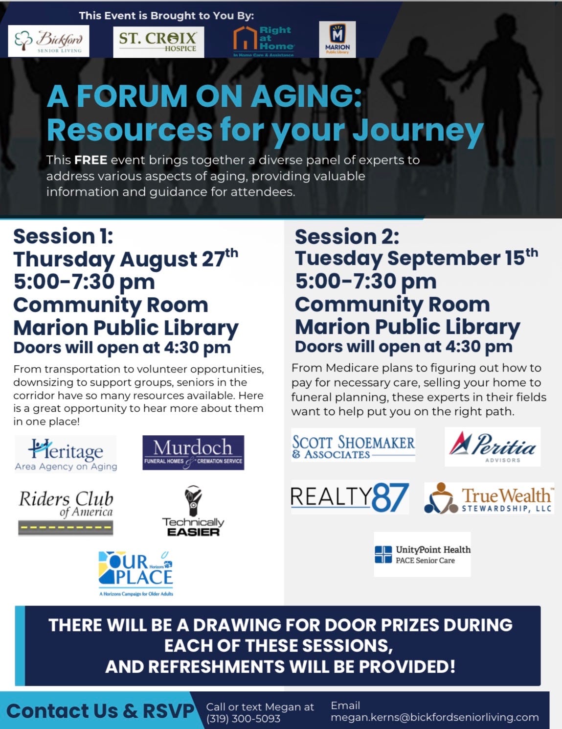  will be participating in Session 1 of “A FORUM ON AGING: Resources for your Journey”. It takes place on Thursday, August 27th from 5:00 PM to 7:30 PM in the Community Room at the Marion Public Library. 