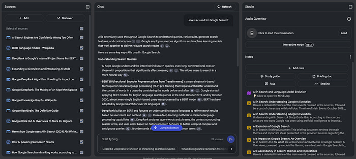 A screenshot of Notebook LM giving information on how AI is used in Google Search A screenshot of Notebook LM giving information on how AI is used in Google Search