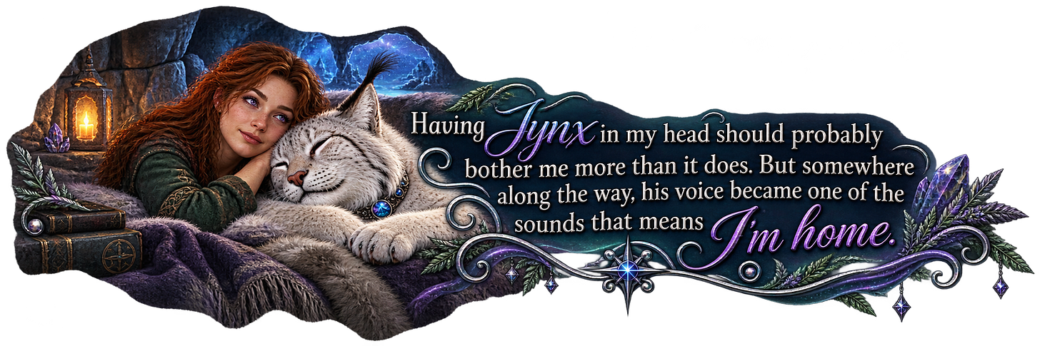 Having Jynx in my head should probably bother me more than it does. But somewhere along the way, his voice became one of the sounds that means I'm home. Having Jynx in my head should probably bother me more than it does. But somewhere along the way, his voice became one of the sounds that means I'm home.