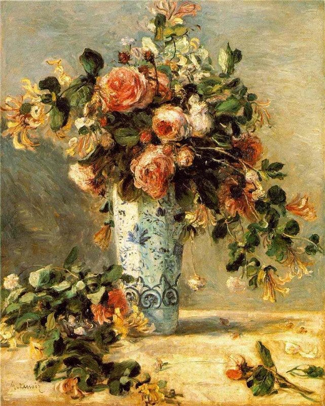 Loosely painted pink and red roses spilling from a vase in warm, soft light Loosely painted pink and red roses spilling from a vase in warm, soft light