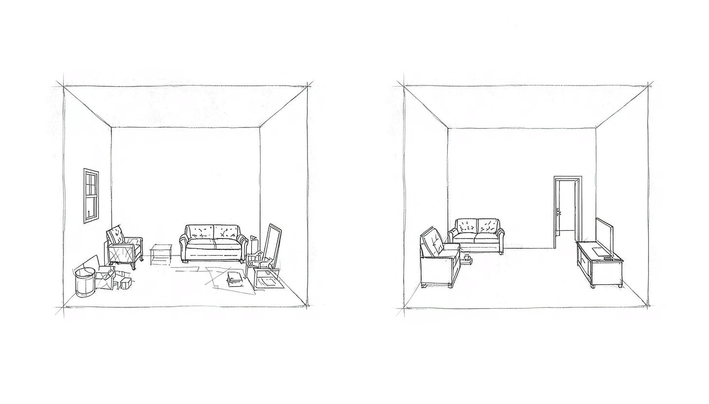 Two identical room outlines, different furniture arrangements inside, same walls and window. Two identical room outlines, different furniture arrangements inside, same walls and window.