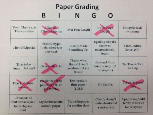 A grading Bingo game. A grading Bingo game.