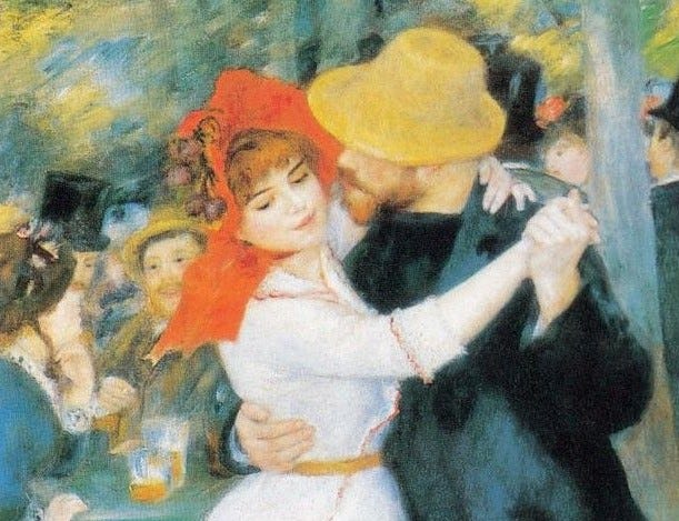Pareja bailando en una escena pintada por Pierre-Auguste Renoir.
