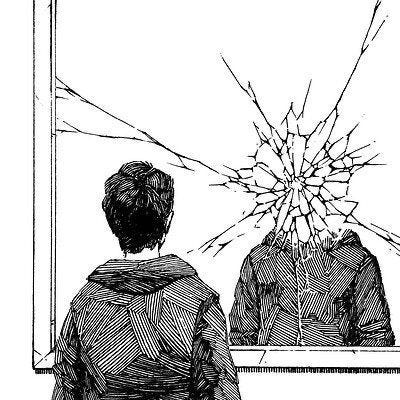 This may contain: two people sitting in front of a mirror with shattered glass on the back of them