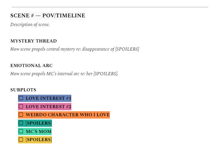 Screenshot of outline system broken down into scene number, POV, timeline, and arc and subplot breakdowns.
