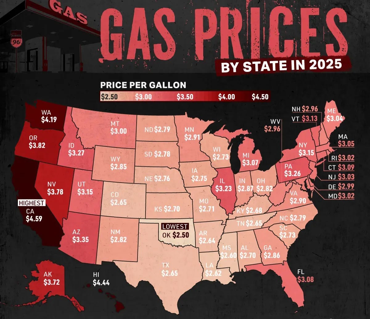 Mapped gas prices by state in 2025, showing where fuel costs are highest and lowest across the U.S. Mapped gas prices by state in 2025, showing where fuel costs are highest and lowest across the U.S.