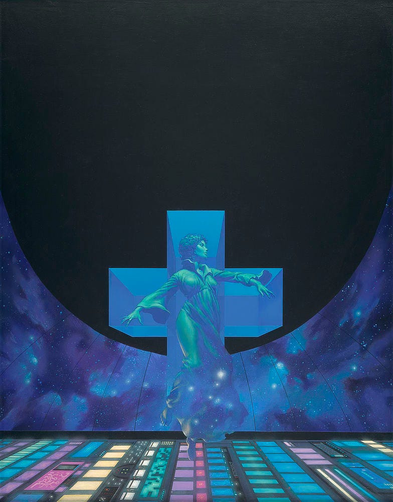 A woman floats with ethereal grace over a massive control panel lit with a rainbow of smaller displays and buttons. Immediately behind her, a series of boxes rotates to form a t-shape. The blue cubes are set against a descending oval of flat black that dominates the top half of the painting. Just above the control panel, the background is filled with a cosmically clouded field of stars, a vivid range of blues accented with purple. Thin black lines radiate downward from the oval to the control panel, perhaps divisions in a grand viewport. The woman's face is captured in profile. Her arms are thrown out wide, giving her figure a sense of weightless motion. Her gown is pure 70s science fiction wardrobe with exaggerated collar and bell shaped sleeves. Stars bleed through from the background in the shadows of her dress. A woman floats with ethereal grace over a massive control panel lit with a rainbow of smaller displays and buttons. Immediately behind her, a series of boxes rotates to form a t-shape. The blue cubes are set against a descending oval of flat black that dominates the top half of the painting. Just above the control panel, the background is filled with a cosmically clouded field of stars, a vivid range of blues accented with purple. Thin black lines radiate downward from the oval to the control panel, perhaps divisions in a grand viewport. The woman's face is captured in profile. Her arms are thrown out wide, giving her figure a sense of weightless motion. Her gown is pure 70s science fiction wardrobe with exaggerated collar and bell shaped sleeves. Stars bleed through from the background in the shadows of her dress.