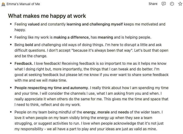 A screenshot of part of Emma's Operating Manual that shows a list of 'What makes me happy at work" 