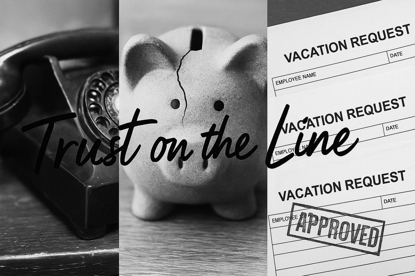 A horizontal black-and-white collage showing three images: a vintage newsroom desk phone, a cracked piggy bank, and stamped vacation request forms. Overlaid text reads “Trust on the Line.” A horizontal black-and-white collage showing three images: a vintage newsroom desk phone, a cracked piggy bank, and stamped vacation request forms. Overlaid text reads “Trust on the Line.”