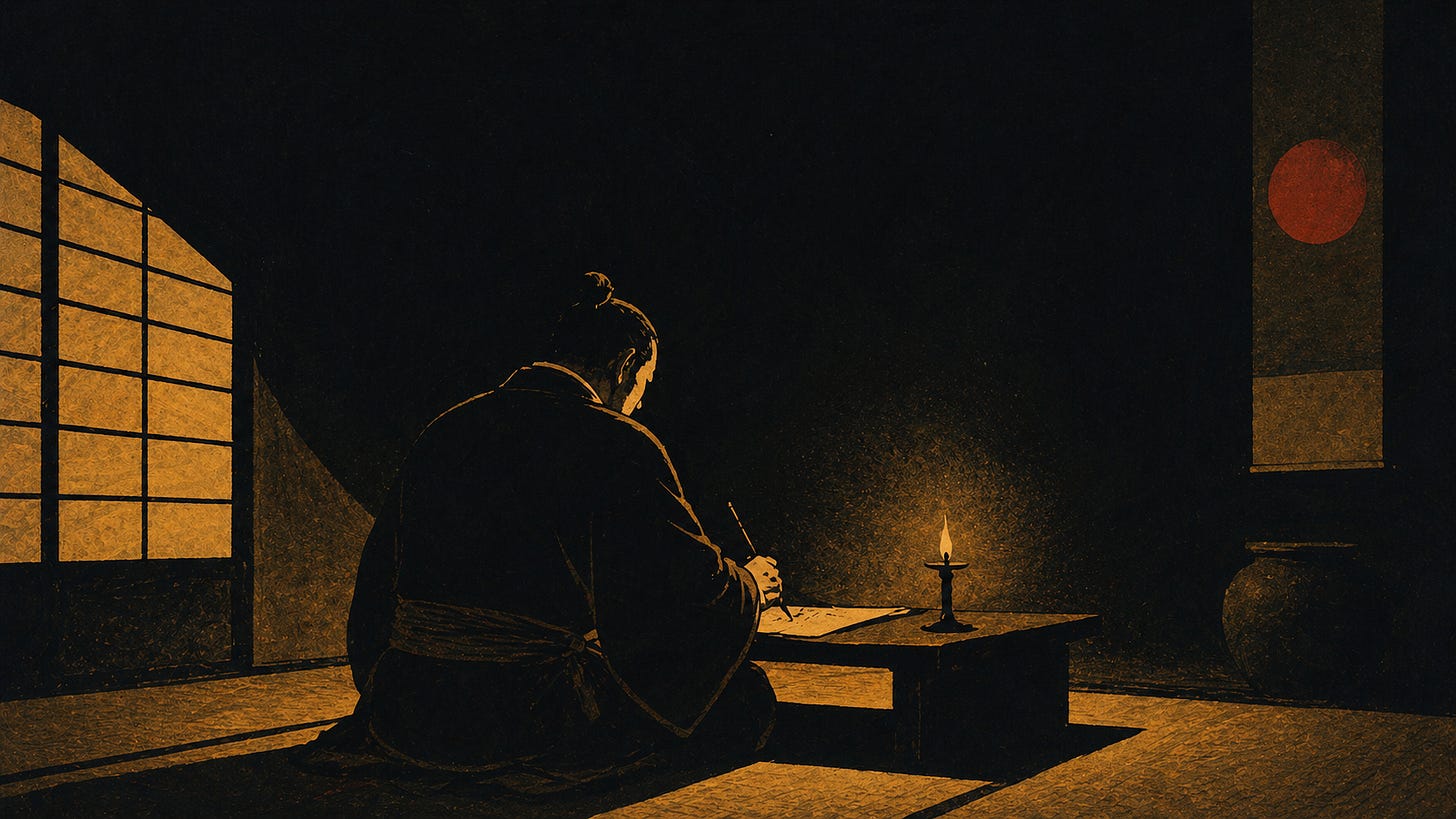 Woodblock print of a man writing in solitude before dawn — the private daily practice that rebuilds a marriage