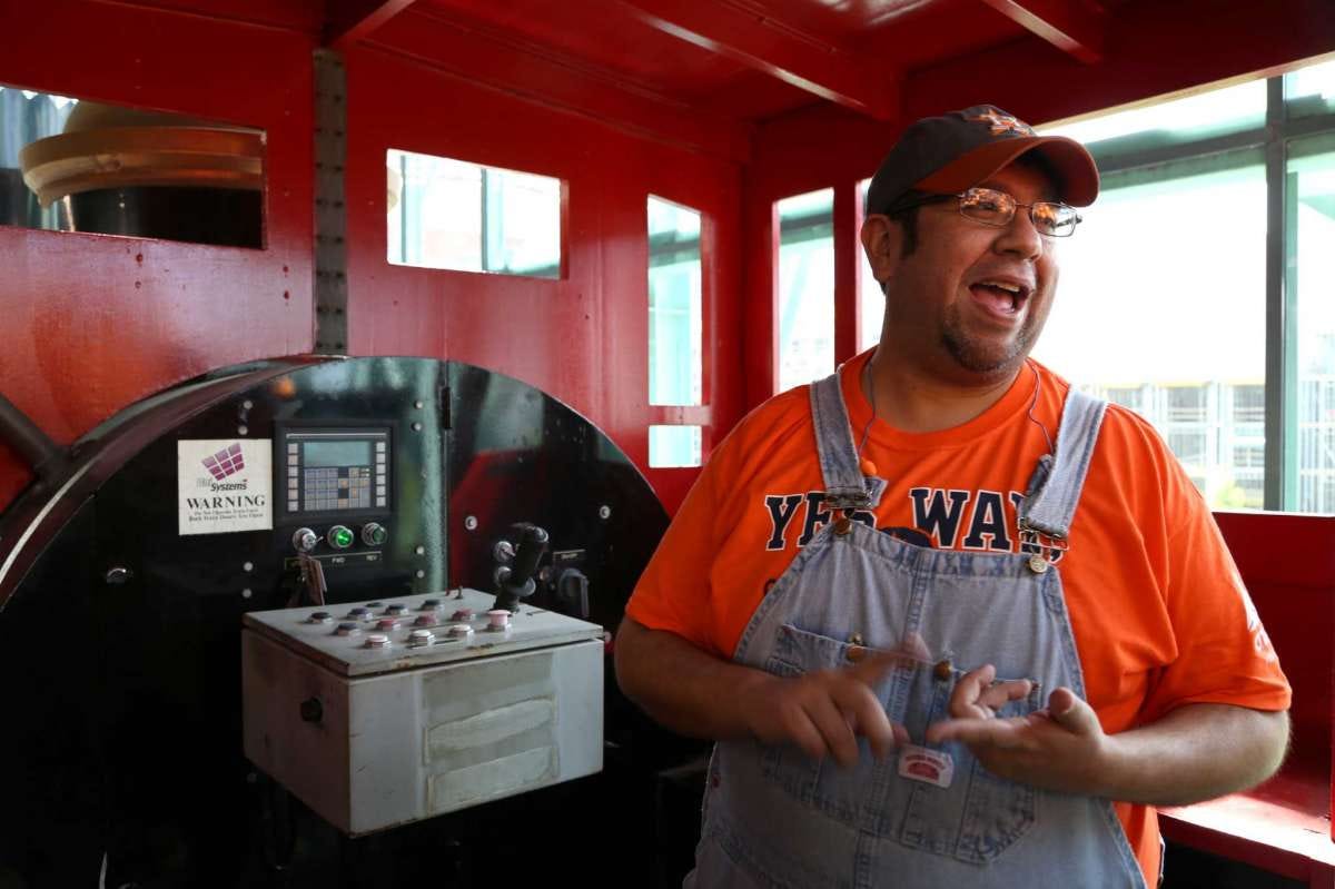 Bobby Vasquez, aka Bobby Dynamite, has the enviable job of conducting the train at Minute Maid Park. Every time the Astros get a home run, Vasquez moves the train down the track to the roar of the crowd. Saturday, June 27, 2015, in Houston. ( Dylan Aguilar / Houston Chronicle )