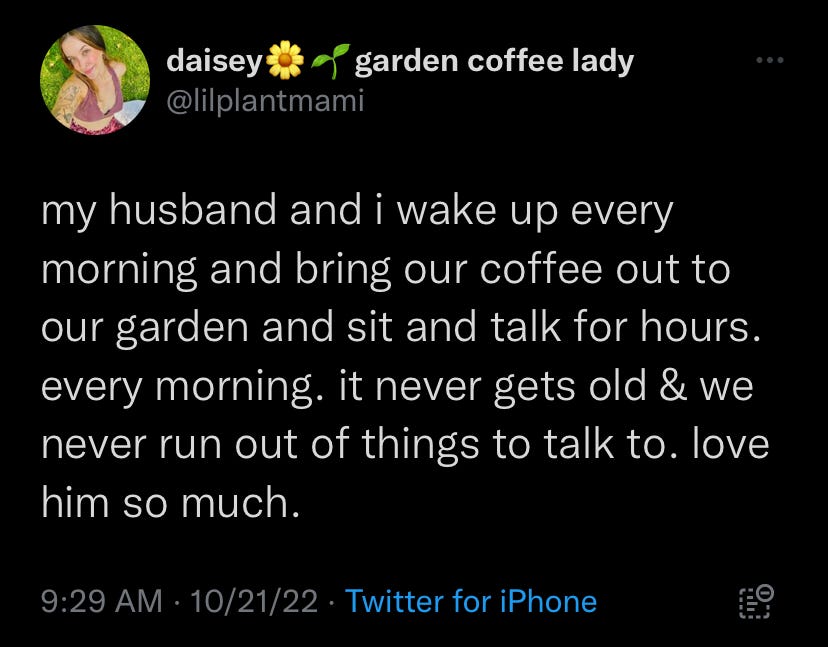 THE Tweet, from @lilplantmami: "My husband and I wake up every morning and bring our coffee out to our garden and sit and talk for hours. Every morning. It never gets old & we never run out of things to talk to. Love him so much." What a vile thing to say!