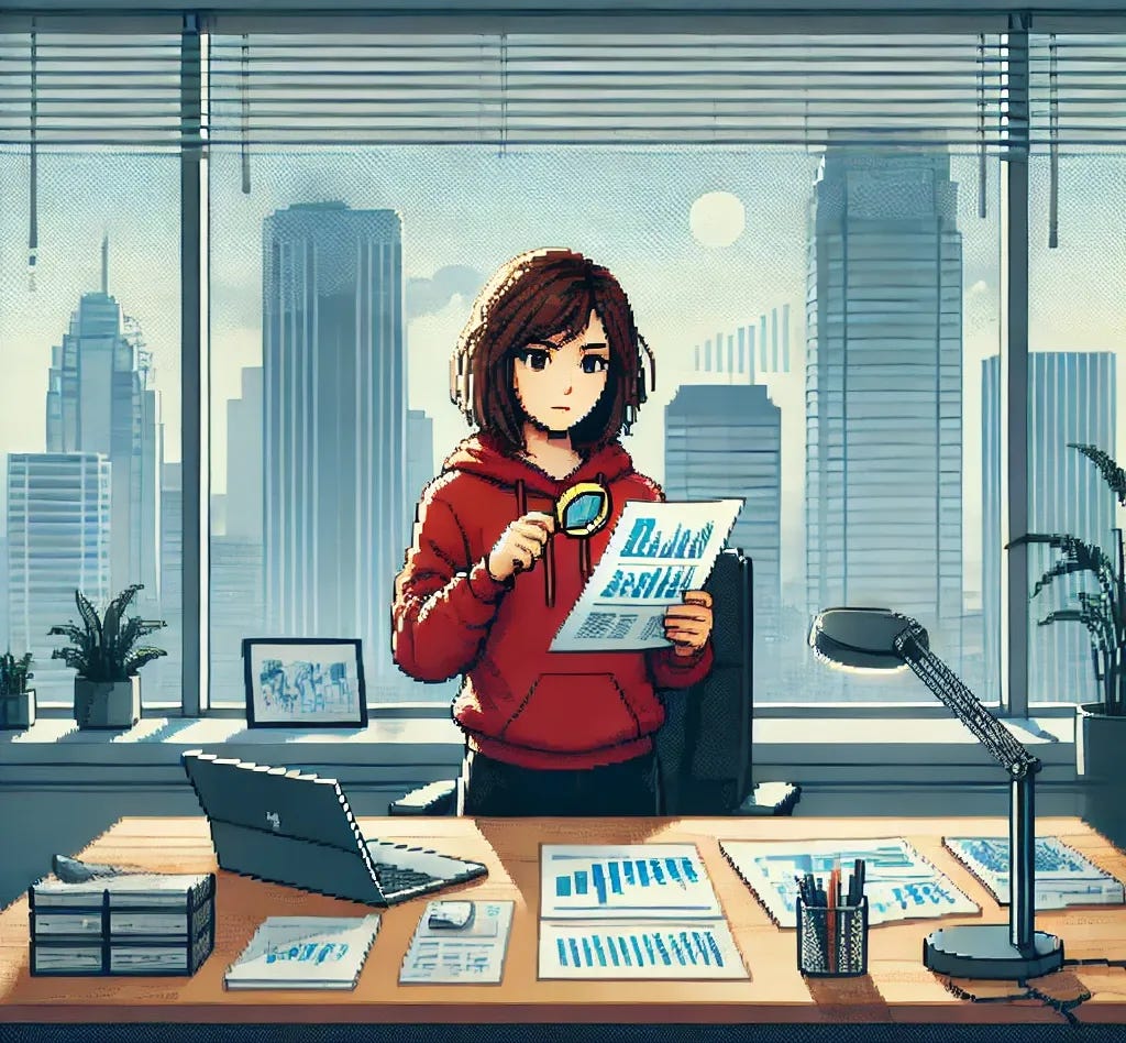 A detailed 16-bit pixel art scene inspired by 90s retro video games. The setting is a modern corporate office with a minimalistic and professional theme.

- The protagonist: A young woman with brown hair, wearing a closed red hoodie. She is standing directly in front of her desk, facing forward as the main focus of the image.
- Pose and interaction: She is holding financial documents in one hand and using a magnifying glass in the other to examine the details closely, emphasizing analysis and focus.
- Expression: Serious and concentrated, reflecting deep thought and financial analysis.
- The environment: A sleek and simple office space with a clean and modern design.
- Background: Large glass windows behind her, offering a panoramic view of towering skyscrapers, reinforcing the corporate setting.
- Elements on the desk: A few neatly arranged documents, a laptop displaying financial data, and a pen, further reinforcing the theme of financial analysis.
- Lighting: Bright natural light from the windows, creating a well-balanced and dynamic atmosphere.

Art style: High-quality 16-bit pixel art with vibrant colors, detailed shading, and depth, reminiscent of classic 90s games.