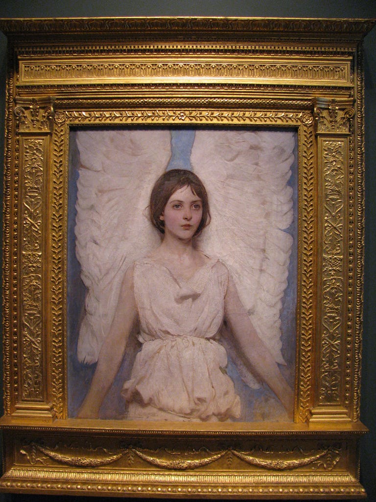 A young girl with large white feathered wings stands facing forward in soft light A young girl with large white feathered wings stands facing forward in soft light