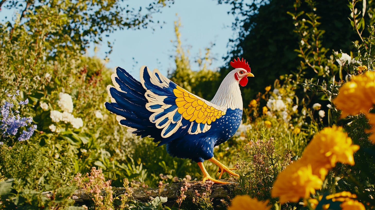 The true colors of this chicken shined through after a makeover using Midjourney Image Editor - now it's a real blue-ty queen! The true colors of this chicken shined through after a makeover using Midjourney Image Editor - now it's a real blue-ty queen!