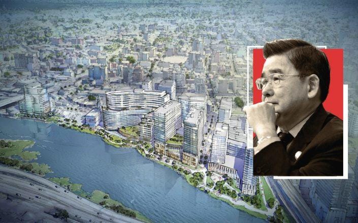 A rendering of the Flushing waterfront and Council member Peter Koo (Rendering via Hill West Architects; New York City Council) A rendering of the Flushing waterfront and Council member Peter Koo (Rendering via Hill West Architects; New York City Council)