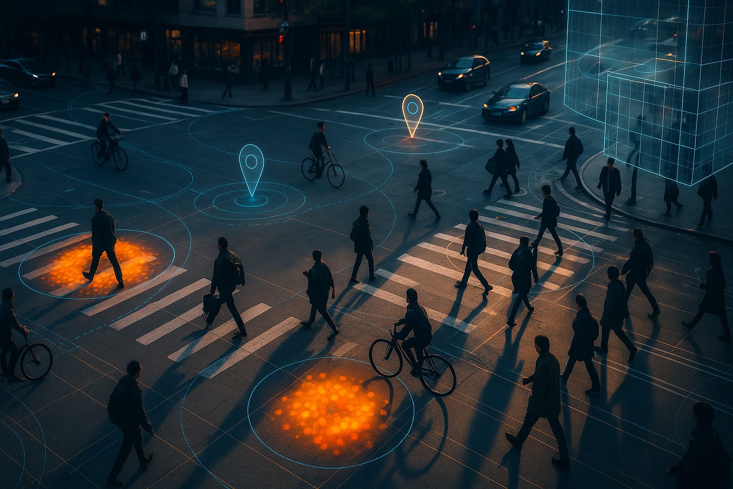 People navigating smart city intersection with glowing data points and grid overlays. People navigating smart city intersection with glowing data points and grid overlays.