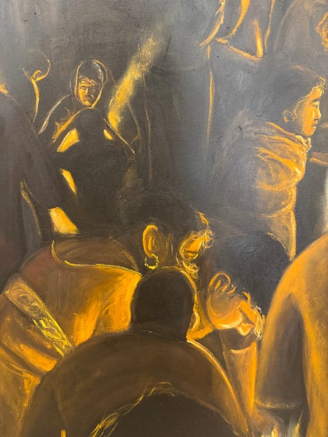 Three close-up details of Raghav Babbar's paintings in the gallery, thickly painted in gold and near-black: a young man resting his hand against his ear, a woman in an ochre wrap at the edge of a night crowd, and an older woman with white hair facing a boy with his eyes screwed shut.