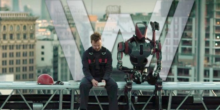 Aaron Paul and robot friend from Westworld (Copyright HBO)