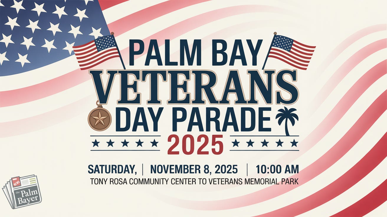 Palm Bay Veterans Day Parade 2025 info card with American flag, event date, time, and route details.