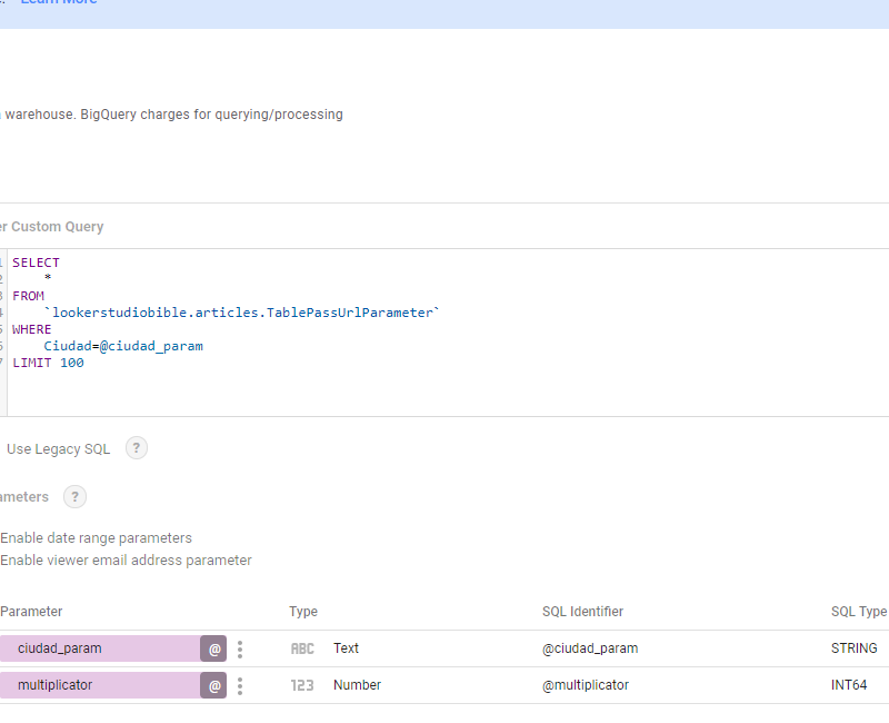 looker studio url parameter big query connection