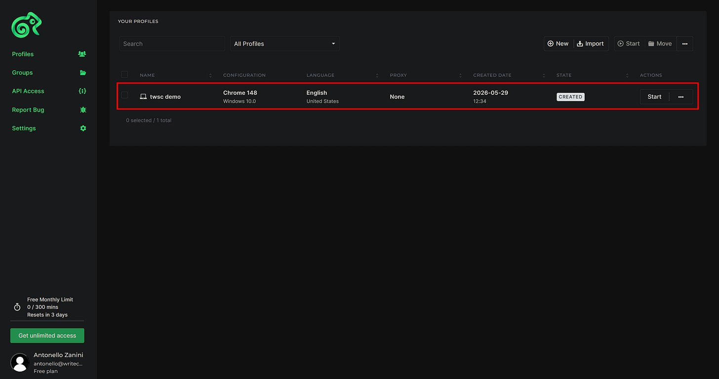Note the “twsc demo” profile
