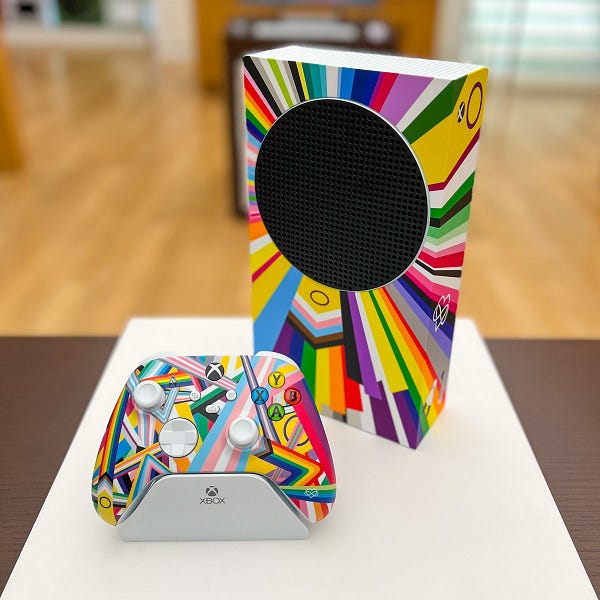 Image of a customer Pride Xbox Series S console and controller on a display, located at the Microsoft Store in Sydney, Australia