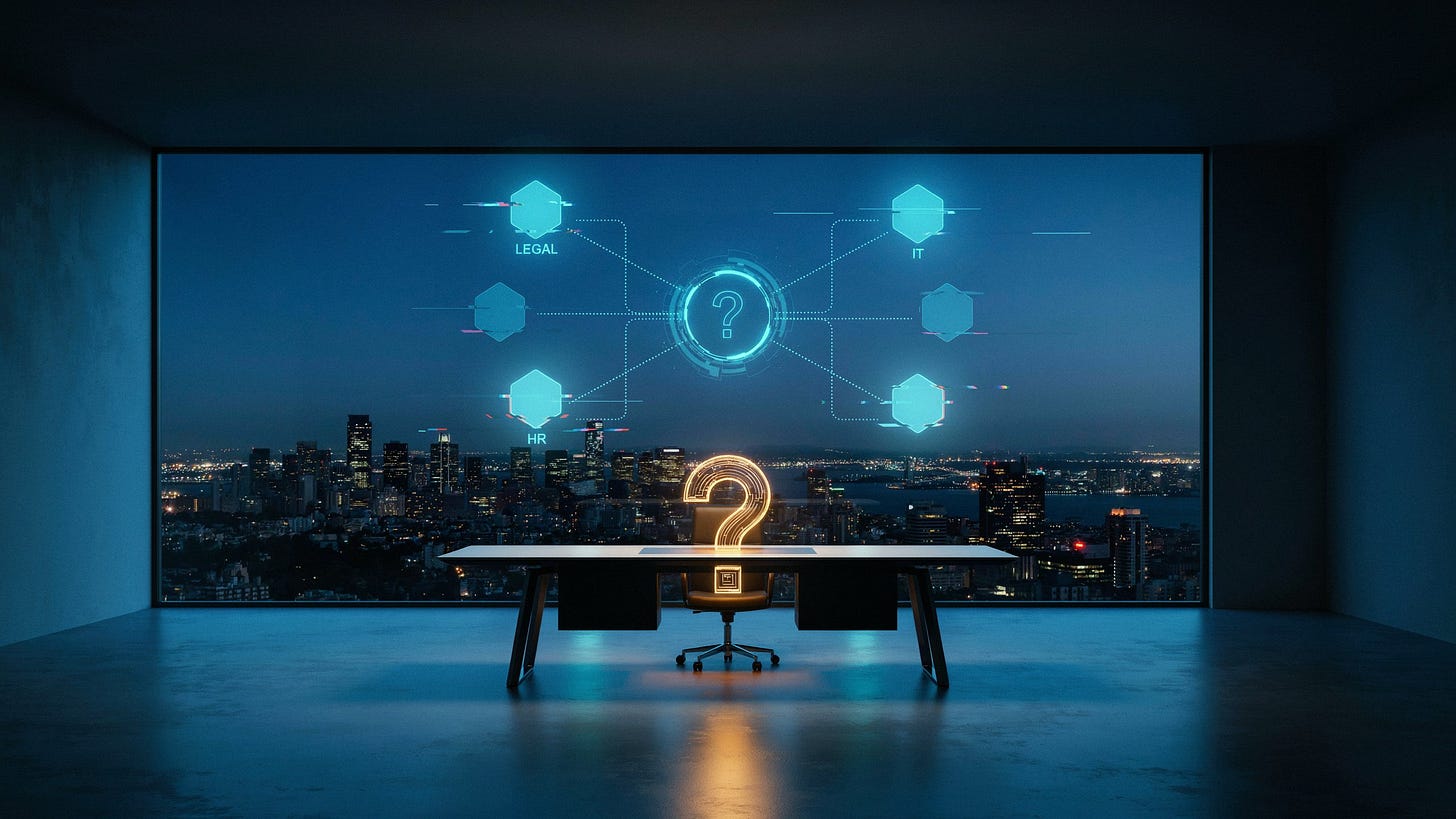 A surreal, high-contrast office scene at dusk: A sleek, modern conference table with a single empty chair at the head, its backrest shaped like a glowing question mark. Above the table, a holographic org chart floats, with a single blank node at the center labeled '?' A color palette of deep blues, warm ambers, and clean whites.