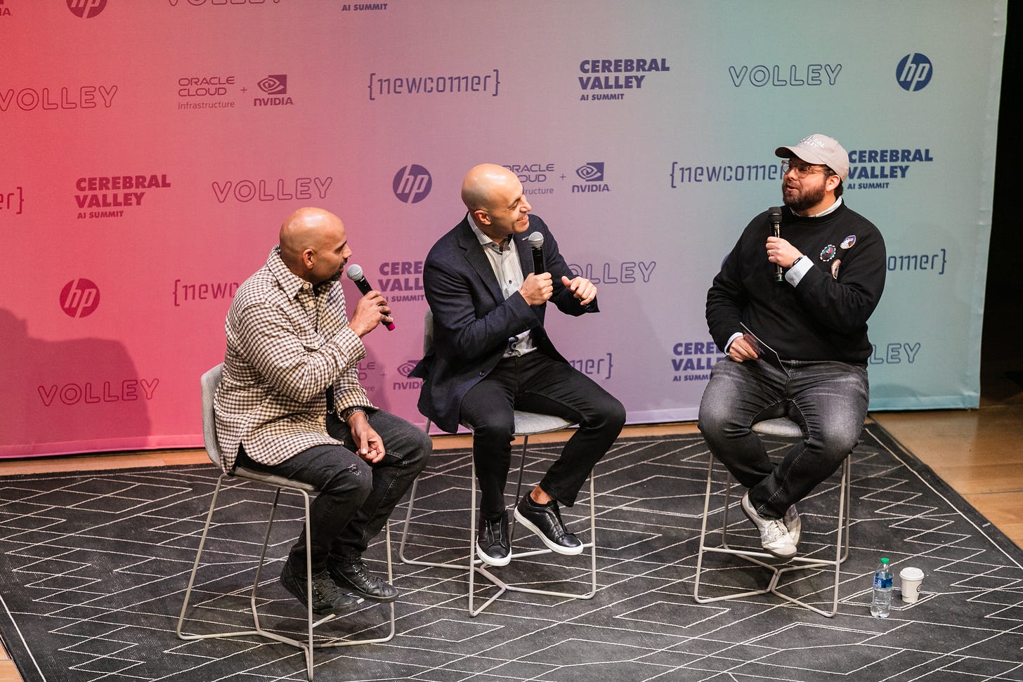 Eric Newcomer intervewing Ali Ghodsi CEO of Databricks and Naveen Rao CEO MosiacML, both founders, at the Cerebral Valley AI Summit in November, 2023.
