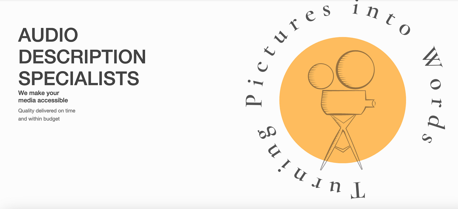 a screengrab of the audio eyes website. It says "audio description specialists"