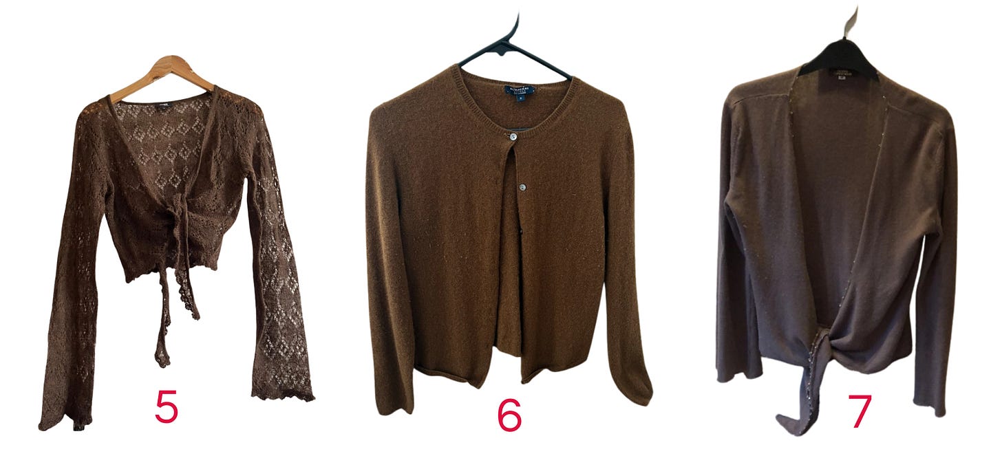 A crochet tie-front cardigan, a round neck brown button cardigan, and a brown wrap cardigan