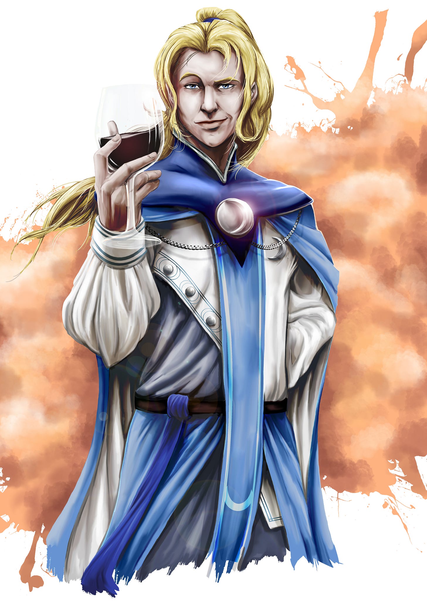 Character art of Entonin, a character from THE OUTCAST MAGE. He is a blond man with pale white skin and blue eyes. He is holding up a glass of red wine with a smirk and one eyebrow raised. He's wearing robes in white and blue, prominently featuring a silver moon brooch and chain. There is an apricot splash as background.