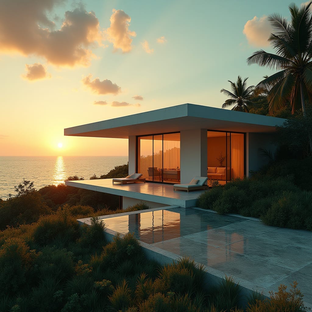 A sleek, modern Jamaican property with a minimalist flat roof, set against a warm, vibrant island backdrop