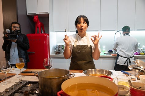 Nine images of Chef Arlette Eulert teaching, cooking, and smiling throughout her masterclass at Urban Kitchen