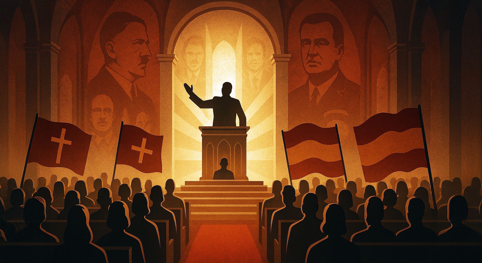 Digital illustration of a church congregation worshipping a political strongman at the altar, symbolizing the fusion of faith and authoritarian power.