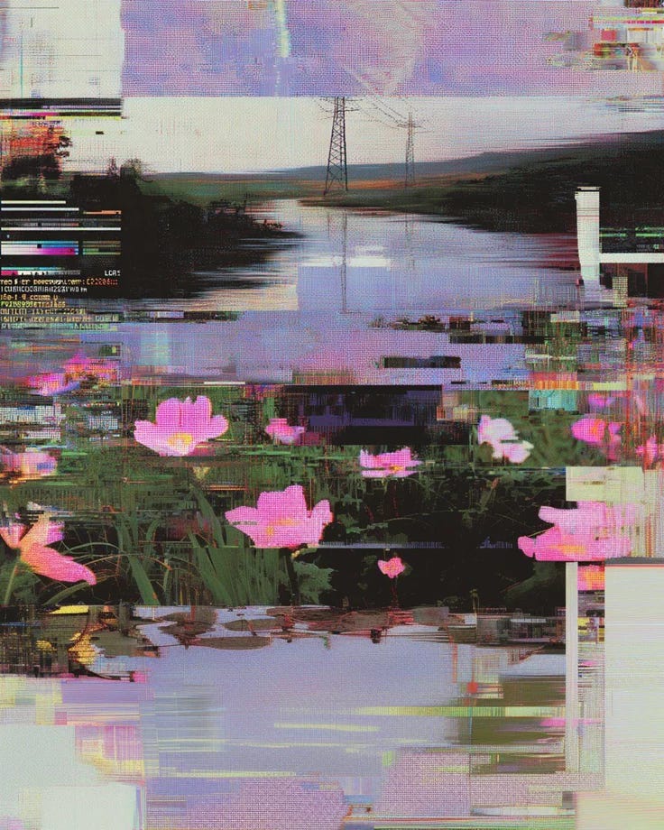 This may contain: an abstract painting with pink flowers in the foreground This may contain: an abstract painting with pink flowers in the foreground