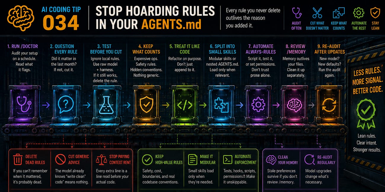 AI Coding Tip 034 - Stop Hoarding Rules in Your AGENTS.md