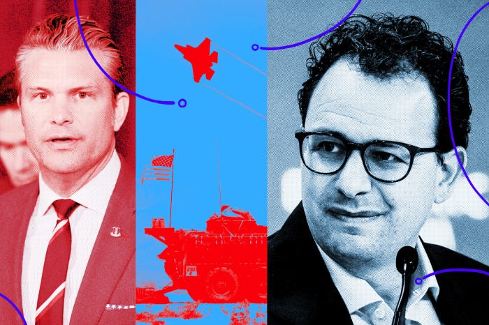 Illustration of Pete Hegseth, military equipment, and Dario Amodei.