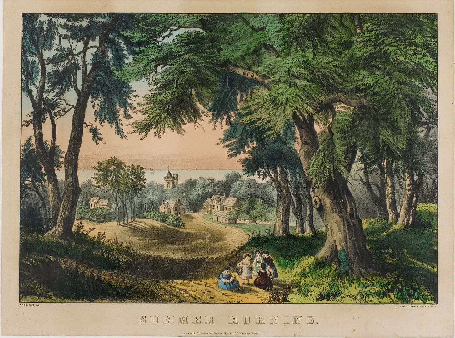 Painting from 1862 of children playing on a dirt road that leads to a house in the distance. The whole scene is surrounded by trees and grass.