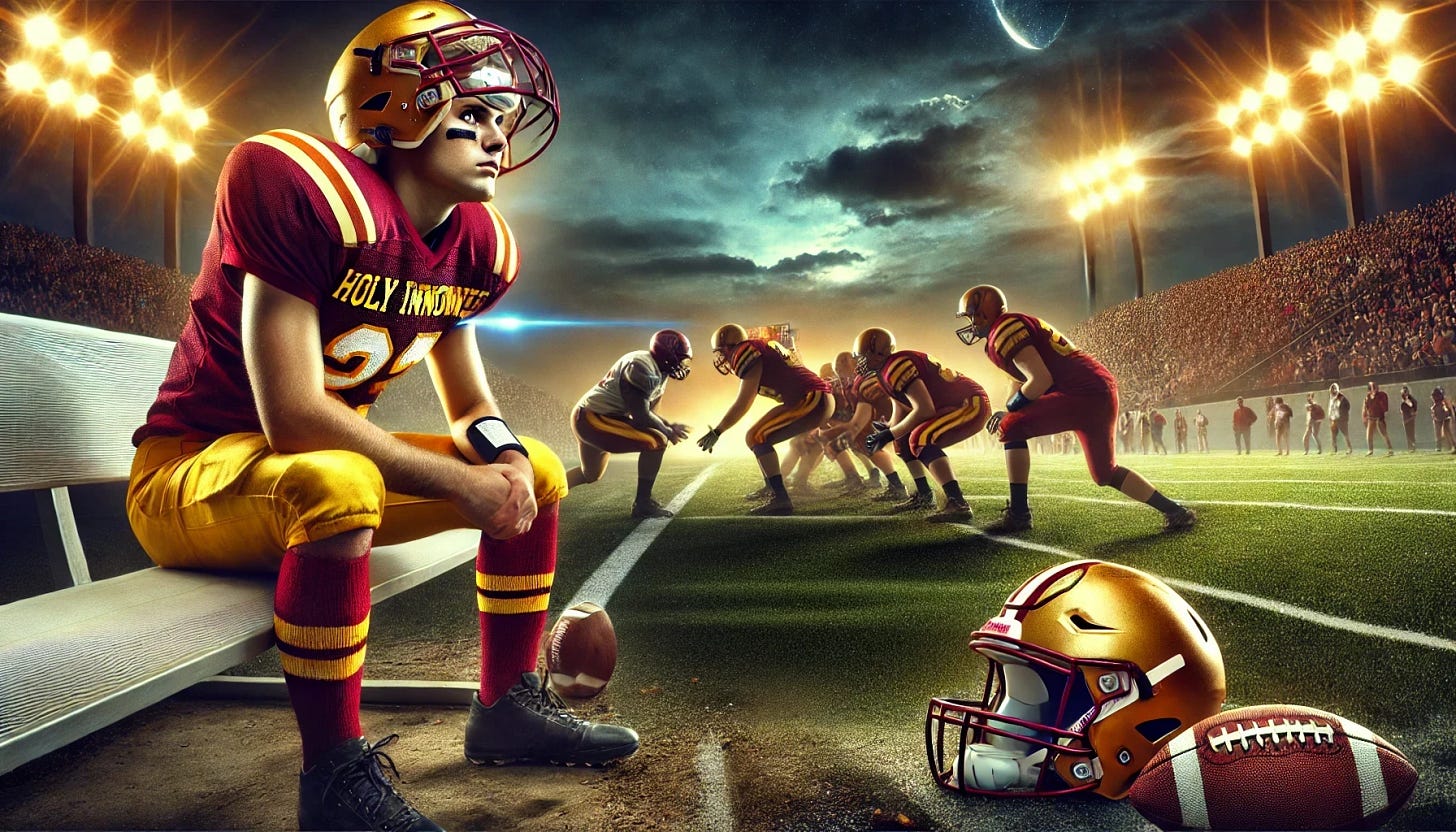 A high school football player in a gold and maroon Holy Innocents uniform sits on the bench, watching his teammates battle on the field under bright stadium lights. His helmet rests beside him, and his expression is a mix of frustration and longing, symbolizing the struggle of watching from the sidelines instead of being in the game. The background features a dramatic game in progress, with players clashing, dirt flying, and the crowd roaring. The scene conveys the importance of stepping up and taking action rather than watching from the sidelines. The image does not include a referee.