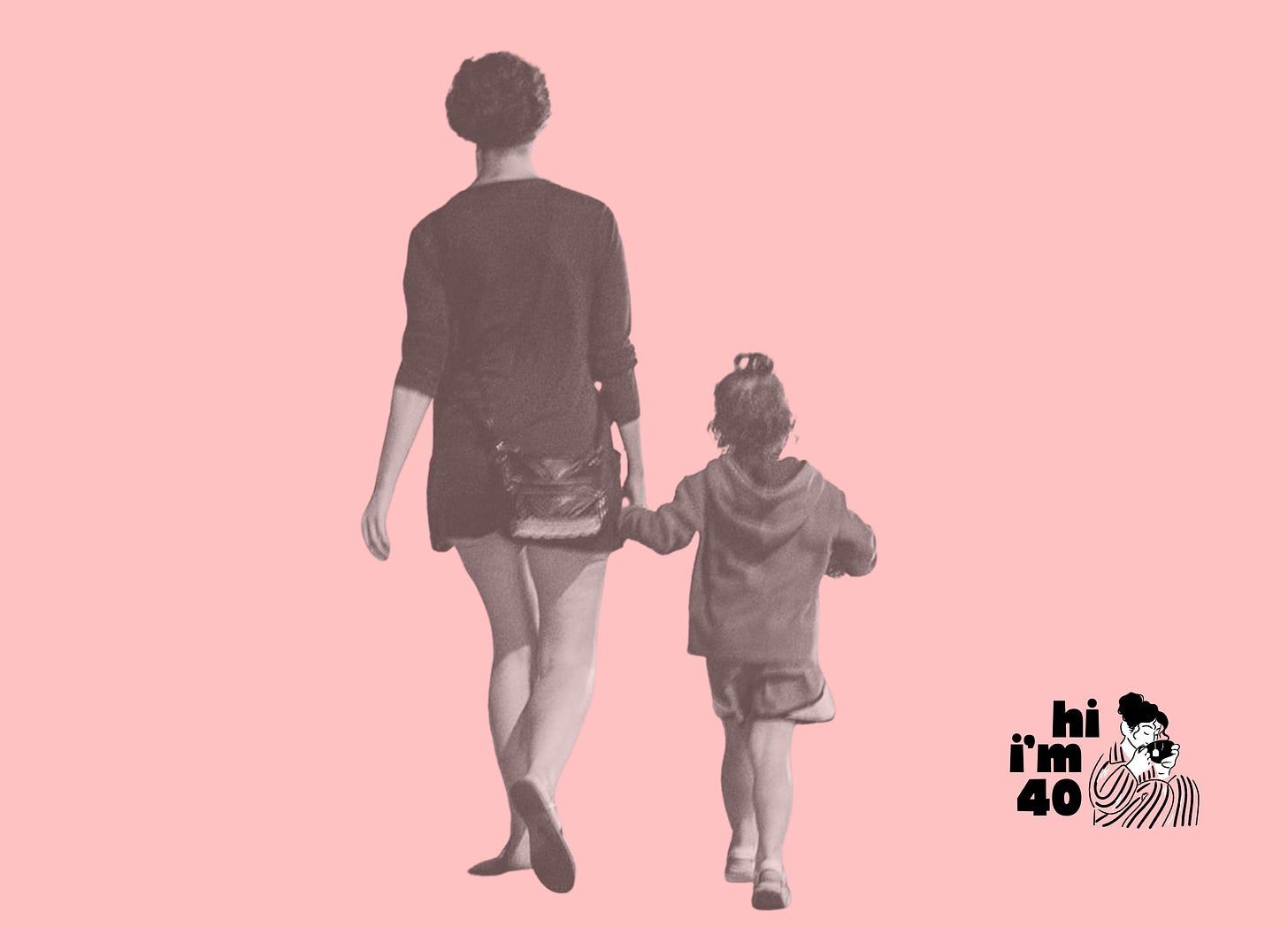 Pink and b/w graphic of Dana Miranda from behind, walking and holding hands with a toddler whose strutting her cutie patootey butt off